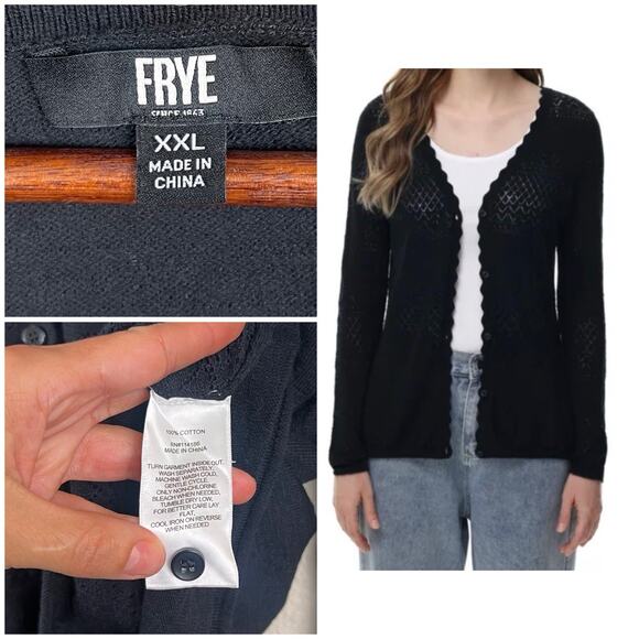 Frye Black Cotton Open Knit Cardigan Scalloped Edge Button Front XXL - Picture 9 of 10